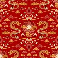 Seamless pattern Chinese New Year of the Wooden Dragon. Sun and clouds. Bright vector vintage illustration, Asian style. Paper lanterns, skaura flowers. For wallpaper, fabric, wrapping, background.