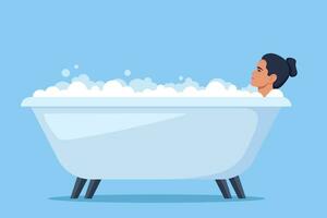 Woman in bath. Relaxed girl in bathtub with foam bubbles. Self care and hygiene, spa and relaxing. Vector illustration.