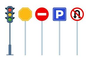 Road signs, set. Traffic signs on white background. Road traffic safety. Vector illustration.