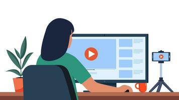 Woman professional video maker sitting at desk and editing video with video editing software. Making visual content for social media. Multimedia and film production concept. Vector illustration.