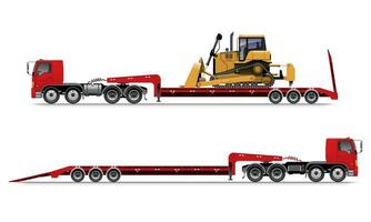 Red Lowboy Trailer Truck with Bulldozer vector