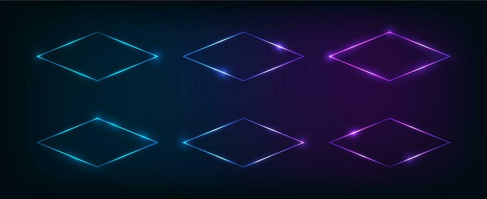 Set of six neon frames with shining effects