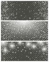 Snowfall and falling snowflakes on transparent background. Set of three backdrops. White snowflakes and Christmas snow. Vector illustration