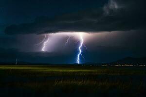 AI generated lightning strikes over a field at night photo