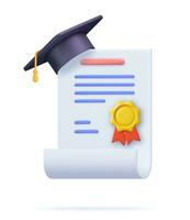 3d Achievement, award, grant, diploma concepts. graduation certificate with cup icon with stamp and ribbon bow. 3d rendering. Vector illustration