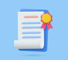 3d Achievement, award, grant, diploma concepts. certificate icon with stamp and ribbon bow. 3d rendering. Vector illustration