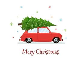 Car with Christmas tree. Automobile carrying special Xmas delivery. Festive holiday greeting card, postcard design element. Vector illustration in flat style