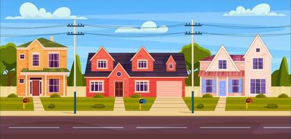 Rural cottages, suburban street with modern buildings with garages and green trees. Cottage Real Estates Cute Town Concept. Vector illustration in flat style