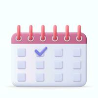 3d Calendar assignment icon with check sign. Planning concept. Day month year time concept. 3d rendering. Vector illustration