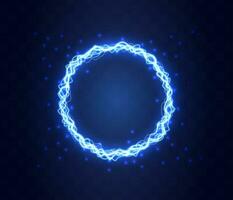 Realistic magic circle of thunder storm blue lightnings. Magic and bright lighting effects. Electric circle. Round frame with electricity and lightnings. vector