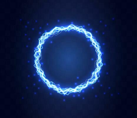 Realistic magic circle of thunder storm blue lightnings. Magic and bright lighting effects. Electric circle. Round frame with electricity and lightnings.