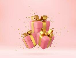 3d pink gift boxes with golden ribbon and bow and gold sequins confetti. Birthday celebration concept. Merry New Year and Merry Christmas gift boxes with golden bows. 3d rendering. Vector illustration