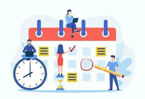 Planning schedule, business event and calendar concept. People with schedule, pen and notes organize meeting. Planning strategy and time management. Vector illustration in flat style