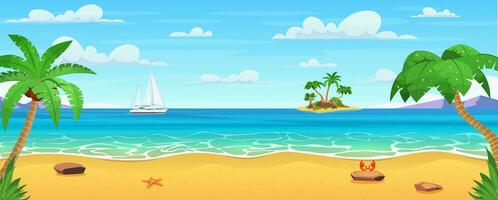 Sea landscape. Tropical beach, ocean seashore. Paradise island panorama with palm tree and sky,yacht. Tropical landscape. Vector illustration in flat style