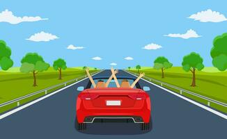 highway drive with beautiful landscape. Travel road car view. Road with car. highway with panoramic views. happy free couple in car driving with arms raised. vector illustration in flat design