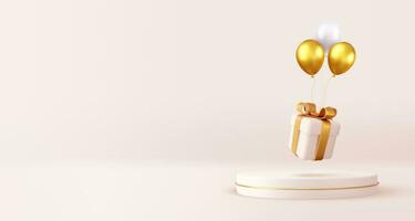 3d Product podium scene with balloon and white gift box with gold bow. Merry Christmas and New Year festive banner design, greeting card. 3d rendering. Vector illustration