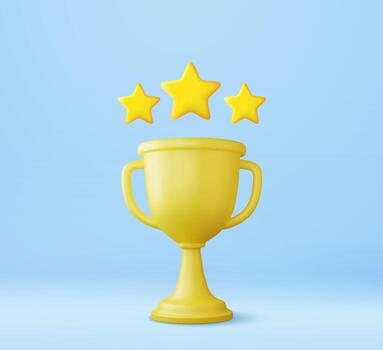 3d campeón trofeo, oro taza con oro ganadores estrellas con objetos flotante alrededor. 3d campeones recompensas ceremonia concepto con clasificación estilo. 3d representación. vector ilustración