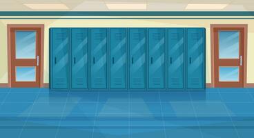 Empty School Corridor Interior With Row Of Lockers,closed door to classroom. Horizontal Banner. cartoon College campus hall or university lobby. Vector illustration in a flat style