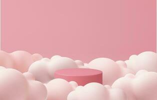 3d rosado podio y mínimo nube blanco escena, cielo y cielo concepto para producto promoción con Copiar espacio. tubo pedestal minimalista de moda modelo. 3d hacer Bosquejo vector ilustración.