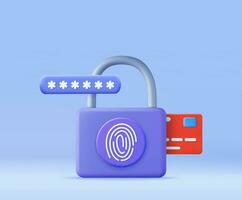 3d biometric fingerprint password with padlock icon. Touch ID. Credit card, secure transaction in Internet. Password interface to log in. 3d rendering. Vector illustration