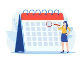 hembra circulo fecha en calendario planificación importante asunto. hora administración y fecha límite concepto, trabajo organización y vida eventos notificación, memorándum recordatorio. vector ilustración en plano estilo