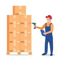 Warehouse worker scanning barcode on cardboard box. Checking bar code of container with scanner. Delivery, logistic and shipping cargo. Vector illustration in flat style