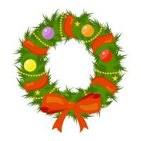 Cartoon Christmas wreath icon with red bow. isolated on white background for holiday decoration design. Vector illustration in flat style