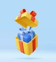 3d open gift box surprise. Xmas and New Year design, Element for Birthday. 3d rendering. Vector illustration