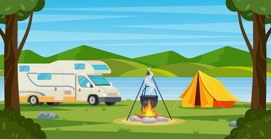 Summer camp in forest with bonfire, tent, van,backpack. cartoon landscape with mountain, forest and campsite. Equipment for travel, hiking. Vector illustration in flat style