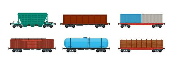 Train freight wagons, rail cargo and railroad containers. Freight train with wagons, tanks, freight, cisterns. industrial carriages, side view. Vector illustration in flat style