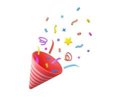 3D Party popper with explosion confetti. Birthday surprise. Firecracker with serpentine. Holiday and event celebration. 3d rendering. Vector illustration