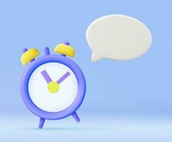 3D alarm clock and speech bubble notification with empty copy space. Alarm clock and chat box. Good morning with message. working lifestyle and activity. 3D Rendering. Vector illustration