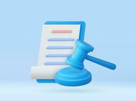 3d judge gavel on paper clipboard. Judge arbitrate courthouse concept. Auction court hammer bid authority symbol, Law concept. 3d rendering. Vector illustration