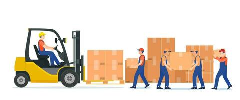 hombres cargando cajas en máquina elevadora. entrega servicio. aislado en blanco antecedentes. entrega, logístico y Envío carga. almacén y almacenamiento equipo. vector ilustración en plano estilo