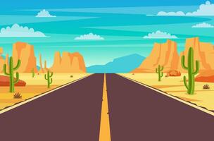 Empty highway road in desert. Sandy desert landscape with road, rocks and cactuses. Summer western american landscape. highway in Arizona or Mexico hot sand. Vector illustration in flat style
