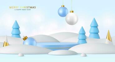 3d Christmas background with cylindrical podium for promotions with 3d bauble balls, cone trees. Round stage for presentation sale product. Banner and web poster. 3d rendering. Vector illustration