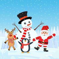 merry christmas and happy new year background and card, santa claus, reindeer, snowman, penguin cartoon cute. Vector illustration in flat style