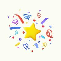 3D Party confetti with star and serpentine ribbon. Birthday surprise. Festive decoration elements for poster or banner. vector