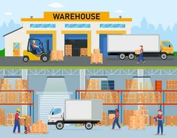 Warehouse horizontal banners with storage workers engaged in loading and unloading of goods. Interior and exterior with trucs and people.Vector illustration in flat style vector