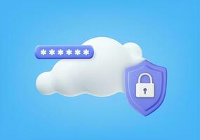 3d White fluffy cloud and locked padlock. Security concept. 3D rendering. Password protected icon for mobile applications and website concept. Vector illustration