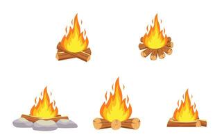 Wood campfire. Outdoor bonfire, fire burning wooden logs and camping stone fireplace. Vector illustration in flat style
