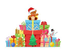 Gifts with bows and ribbons. Stack of colorful present gift boxes and toys, Christmas balls, candy, candles, Gingerbread man, tree, bear in Santa hat. Vector illustration in flat style