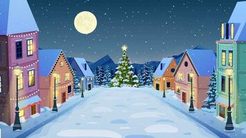 cartoon winter city street with soft street lights in the night in snow fall and christmas tree. Merry Christmas and Happy New Year greeting card background poster. Vector illustration