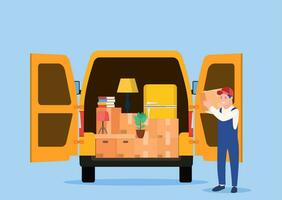 Delivery service concept. moving house. Open delivery truck with furnitures and cardboard boxes. Man with cardboard boxes. Vector illustration in flat style