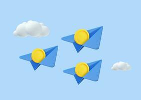 3d paper airplane and coins with clouds Minimal cartoon cute smooth. creative vision leadership concept. Modern trendy design. business finance investment. 3d rendering. Vector illustration