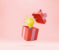 3d yellow light bulb in open gift box. business idea tip concept, minimal abstract. 3d rendering. Vector illustration