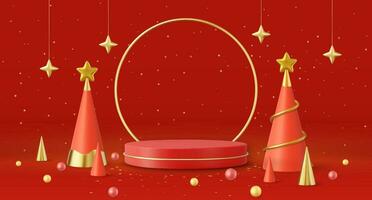 3d Christmas and New Year round podium studio with cone trees. Creative holiday template. Xmas winter composition. Banner and web poster. 3d rendering. Vector illustration