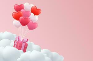 enamorado s día concepto. 3d corazón caliente aire volador con regalo caja en nube antecedentes. amor concepto para contento madre s día, enamorado s día, cumpleaños día. vector ilustración