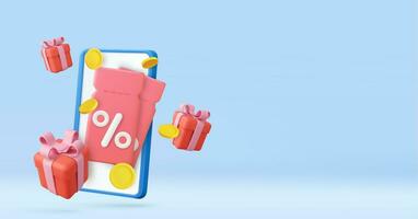 3D render price tag with percentage sign with floating coins. Shopping Discount offer icon, symbol. Price tag, gift tag, For profitable purchases. 3d rendering. Vector illustration