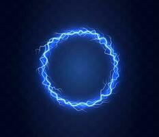 Realistic magic circle of thunder storm blue lightnings. Magic and bright lighting effects. Electric circle. Round frame with electricity and lightnings. vector